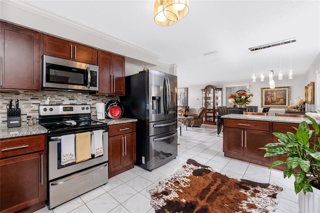 kitchen featuring light stone countertops, stainless steel appliances, crown molding, pendant lighting, and decorative backsplash