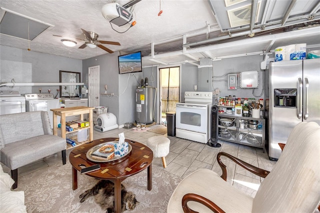 kitchen featuring white electric range, separate washer and dryer, water heater, stainless steel refrigerator with ice dispenser, and a textured ceiling