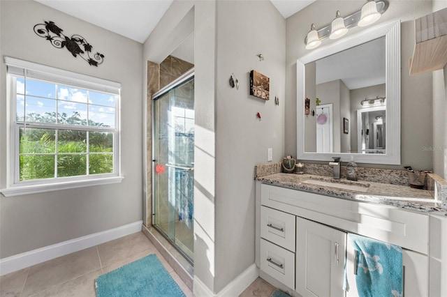 bathroom featuring tile patterned flooring, vanity, and an enclosed shower