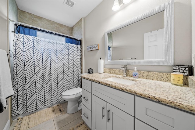 bathroom with tile patterned flooring, vanity, toilet, and a shower with shower curtain