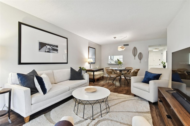 living room featuring a textured ceiling and dark wood-type flooring