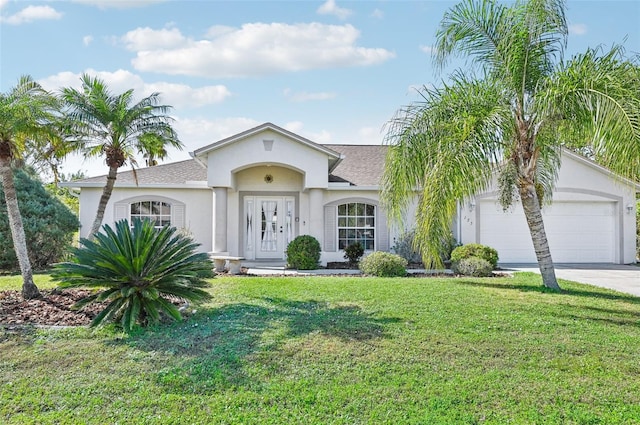 ranch-style house with a front yard and a garage