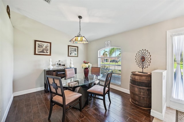 dining space with plenty of natural light and dark wood-type flooring