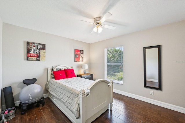 bedroom featuring ceiling fan and dark wood-type flooring