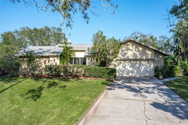 ranch-style house with a front yard and a garage