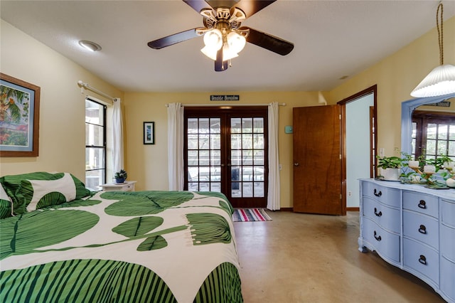 bedroom featuring french doors and ceiling fan