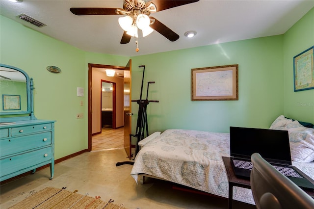 bedroom featuring a ceiling fan, visible vents, and baseboards