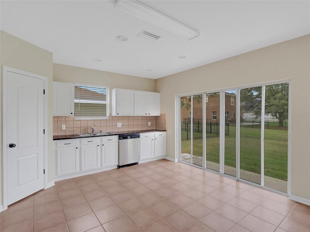 kitchen featuring dishwasher, decorative backsplash, white cabinets, and sink