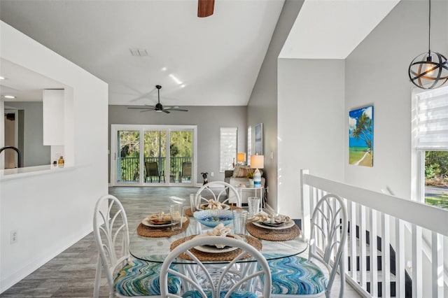 dining area featuring dark hardwood / wood-style floors, plenty of natural light, and ceiling fan