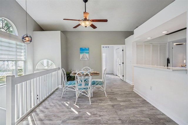 dining space with plenty of natural light, light hardwood / wood-style floors, and ceiling fan