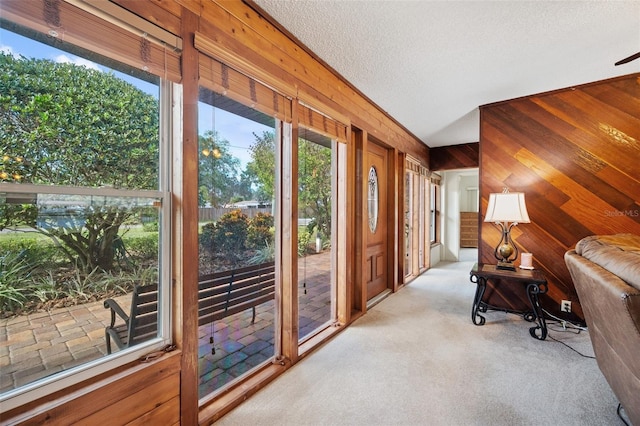 interior space with wood walls, light carpet, and a textured ceiling