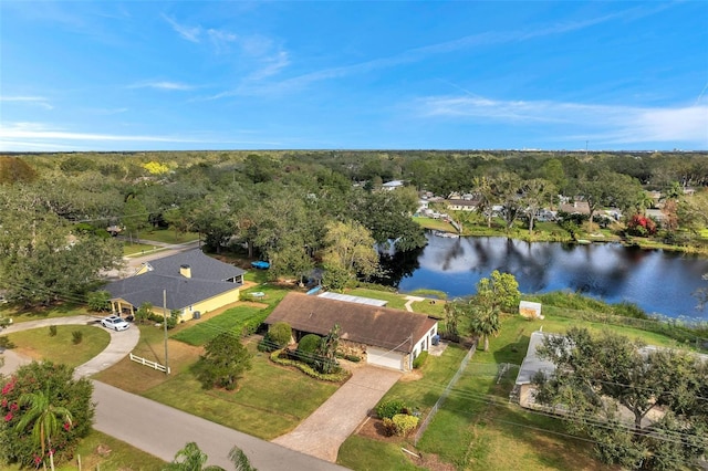 drone / aerial view featuring a water view