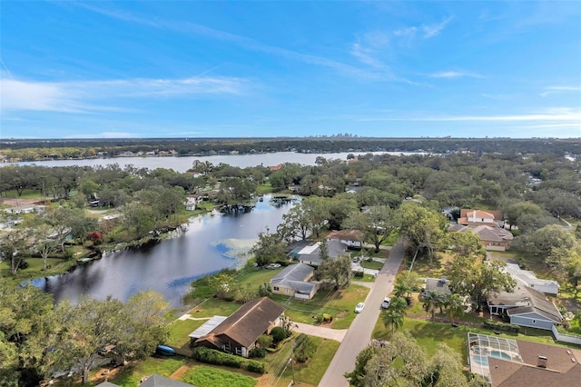 drone / aerial view with a water view