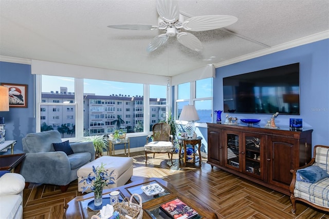 632 Edgewater Dr Unit 532, Dunedin, FL 34698 - living room with a textured ceiling, a ceiling fan, and crown molding