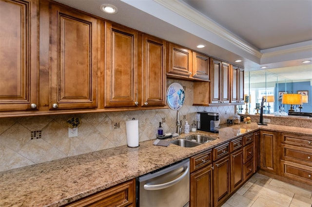 632 Edgewater Dr Unit 532, Dunedin, FL 34698 - kitchen with dishwasher, tasteful backsplash, brown cabinets, light stone counters, and recessed lighting