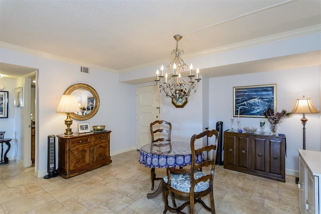 dining space with a textured ceiling, an inviting chandelier, and crown molding