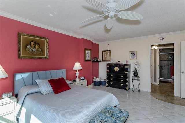 bedroom with a textured ceiling, ceiling fan, and ornamental molding