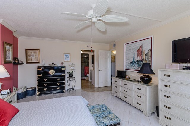 632 Edgewater Dr Unit 532, Dunedin, FL 34698 - bedroom with crown molding, light tile patterned flooring, a textured ceiling, and a ceiling fan