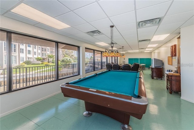 recreation room with a drop ceiling and billiards