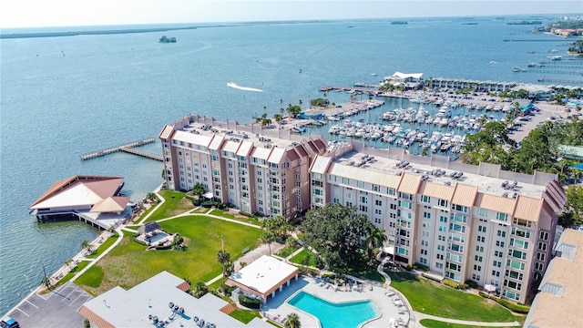 drone / aerial view with a water view