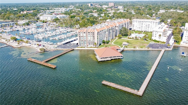 birds eye view of property featuring a water view