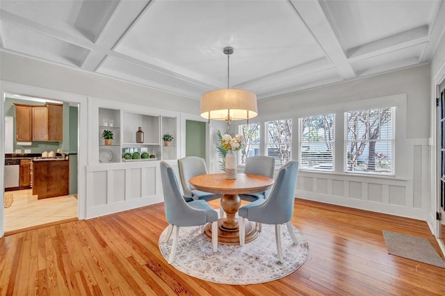 dining space featuring coffered ceiling, built in shelves, and light wood-type flooring