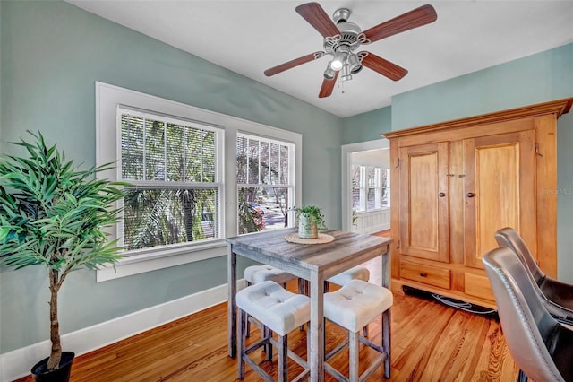 dining area with ceiling fan and light hardwood / wood-style flooring