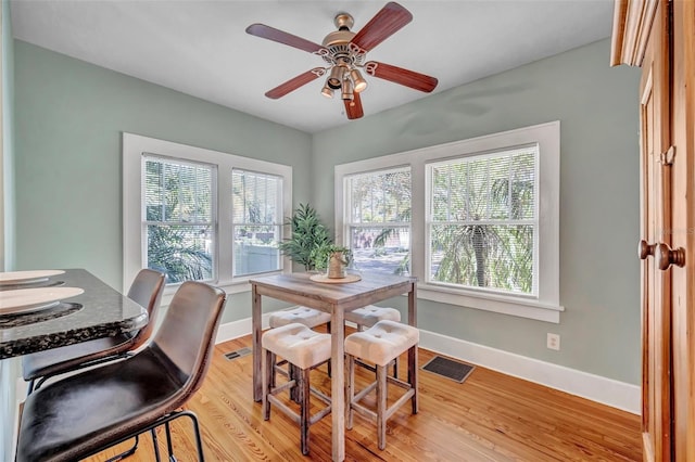 dining area featuring light hardwood / wood-style flooring and ceiling fan