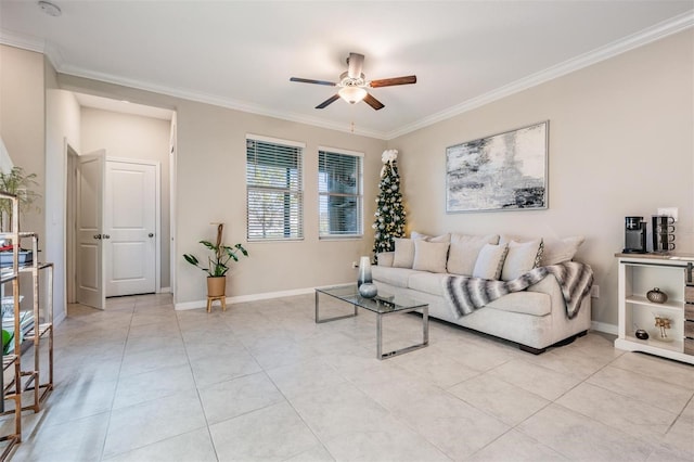 living room with ceiling fan, light tile patterned floors, and crown molding