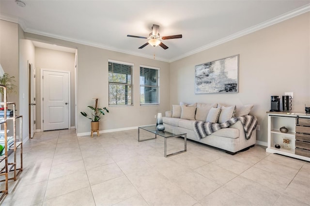 tiled living room with crown molding and ceiling fan