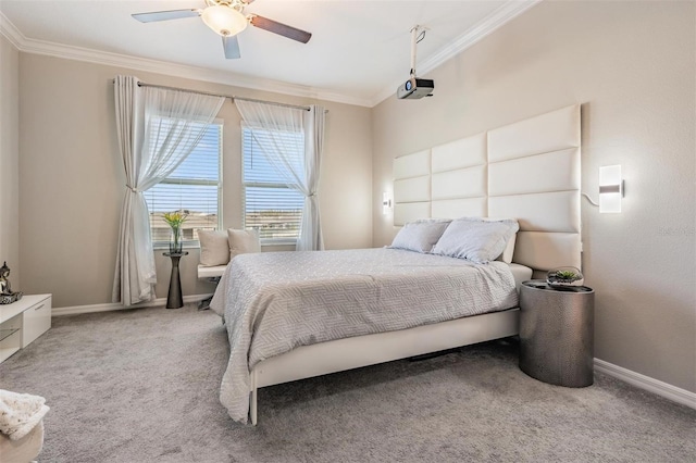 bedroom with crown molding, carpet, and ceiling fan