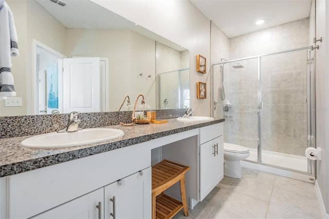 bathroom with tile patterned flooring, vanity, toilet, and a shower with door