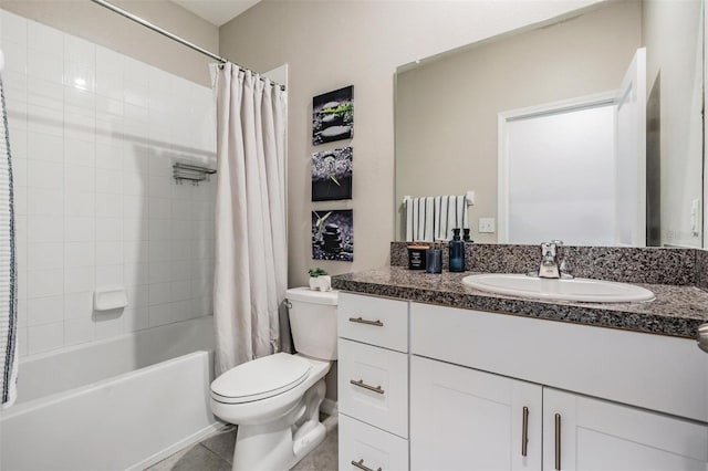 full bathroom featuring tile patterned floors, vanity, shower / bath combination with curtain, and toilet