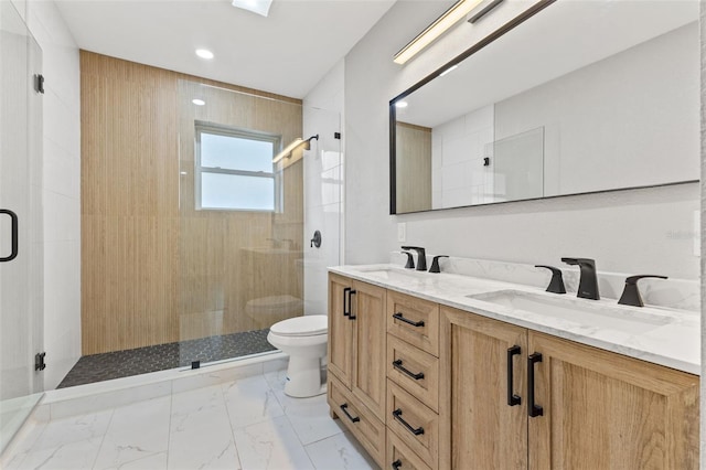 bathroom with vanity, toilet, and a shower with shower door