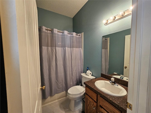 full bathroom with vanity, toilet, shower / bathtub combination with curtain, and a textured ceiling