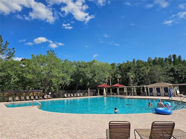 view of swimming pool featuring a patio area