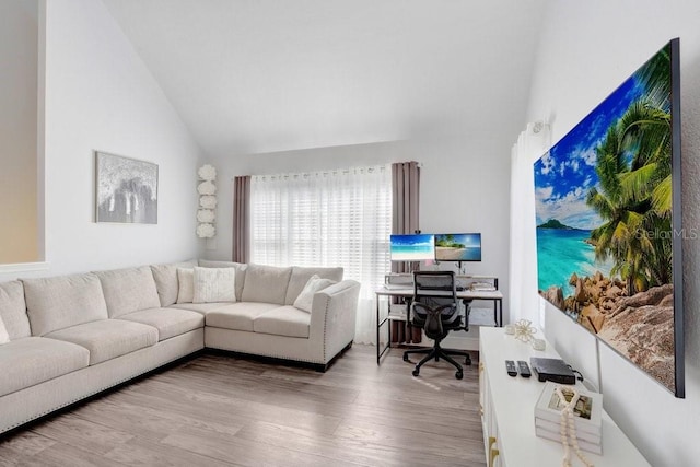 living room featuring lofted ceiling and hardwood / wood-style flooring