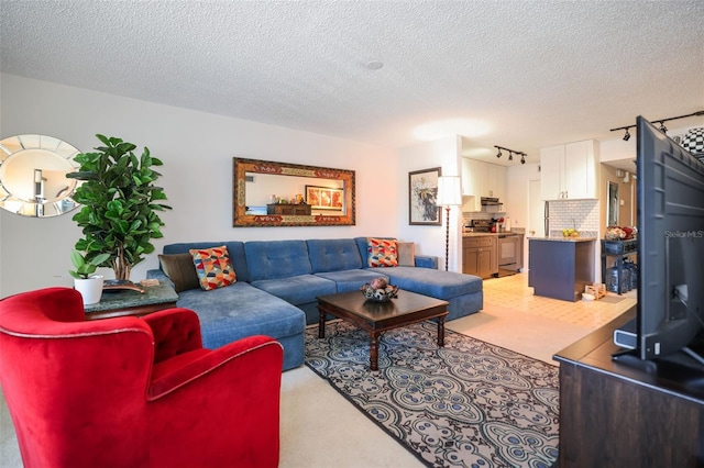 carpeted living room featuring a textured ceiling