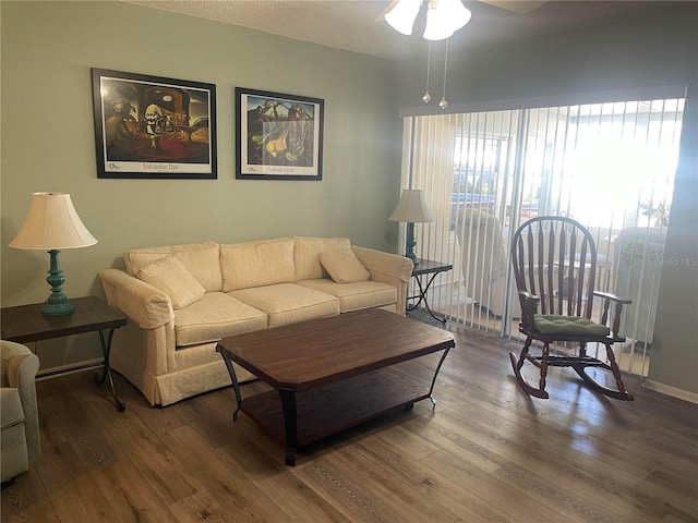 living room featuring ceiling fan and wood-type flooring