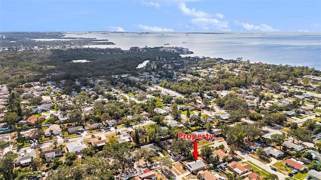 bird's eye view with a water view