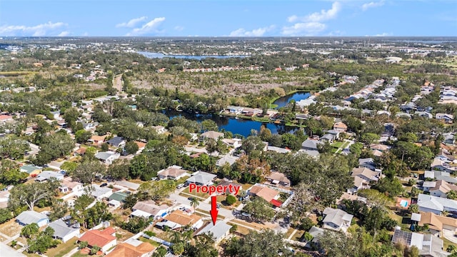 aerial view featuring a water view