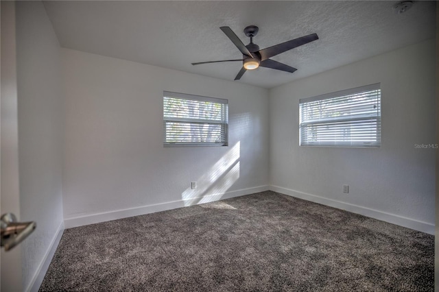 empty room featuring carpet, ceiling fan, a textured ceiling, and a wealth of natural light