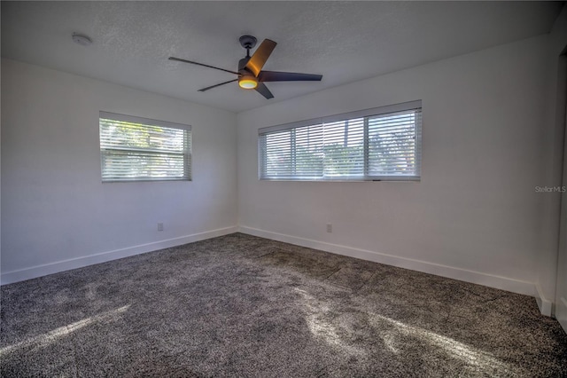 spare room featuring a wealth of natural light, carpet, a textured ceiling, and ceiling fan