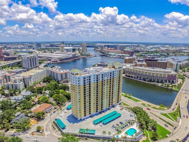 bird's eye view with a water view