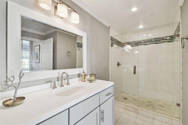 345 Bayshore Blvd Unit 808, Tampa, FL 33606 - bathroom with ornamental molding, a stall shower, vanity, and recessed lighting