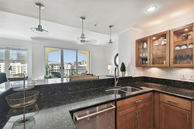 345 Bayshore Blvd Unit 808, Tampa, FL 33606 - kitchen featuring dishwasher, a sink, hanging light fixtures, brown cabinets, and ornamental molding
