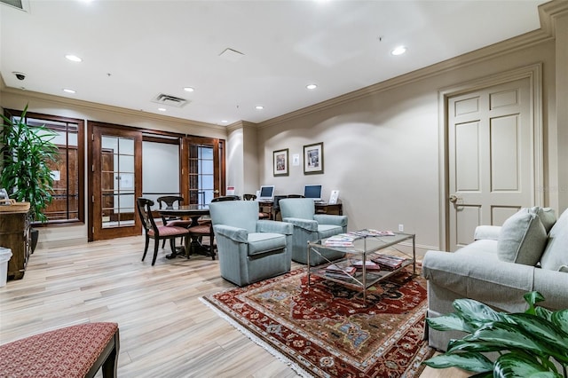 345 Bayshore Blvd Unit 808, Tampa, FL 33606 - living area with crown molding, an office area, french doors, recessed lighting, and light wood-type flooring