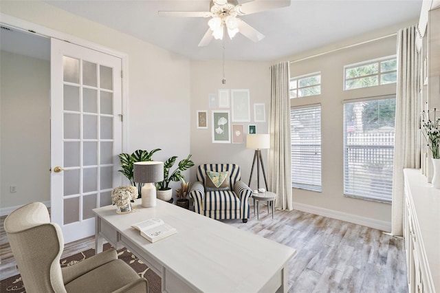 office featuring light hardwood / wood-style floors and ceiling fan