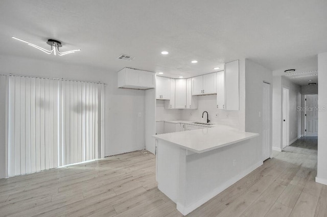 kitchen with sink, white cabinetry, light hardwood / wood-style flooring, and kitchen peninsula