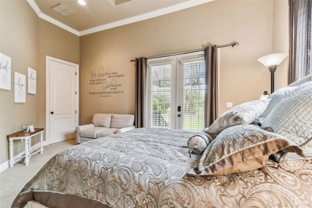 bedroom with light carpet, baseboards, access to exterior, french doors, and ornamental molding